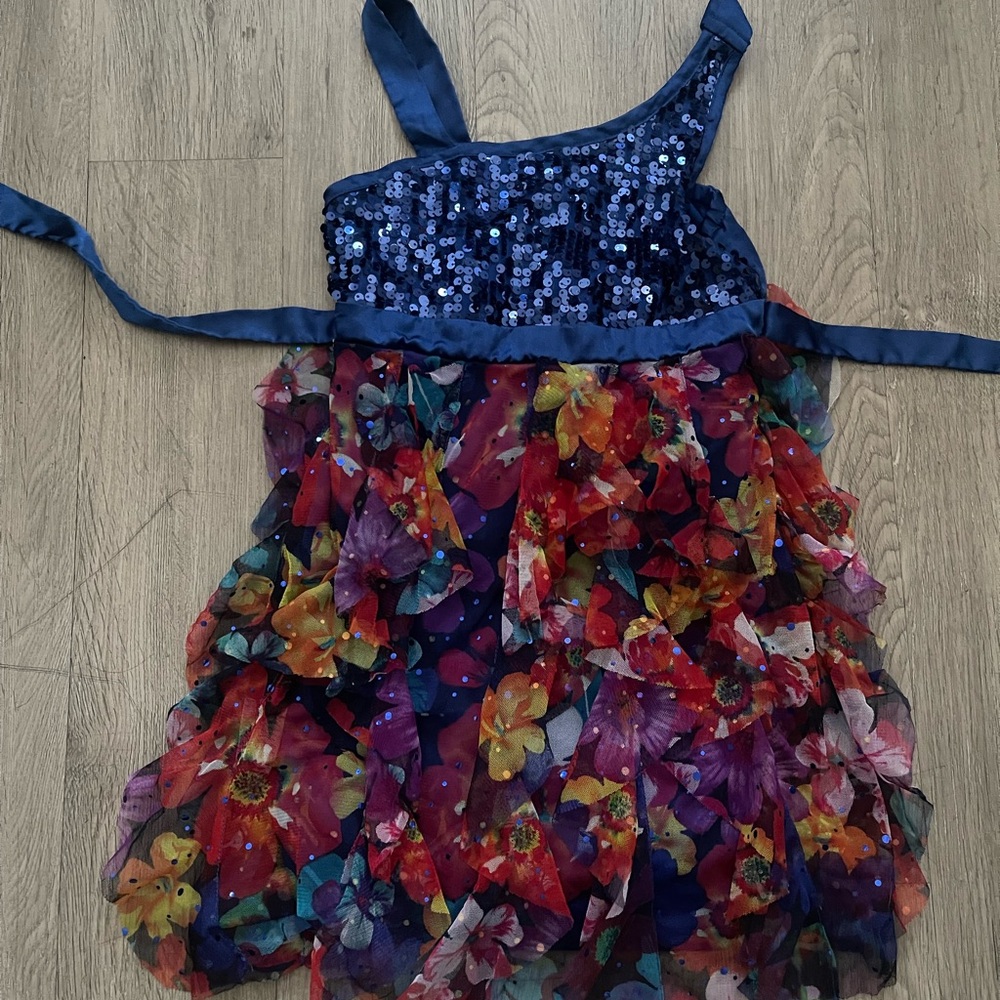 Justice Blue Dress with Colorful Floral Accents